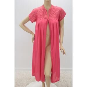 Vintage Vanity Fair Robe Peignoir Soft Nylon Size 34 Coral Red Lace Overlay USA